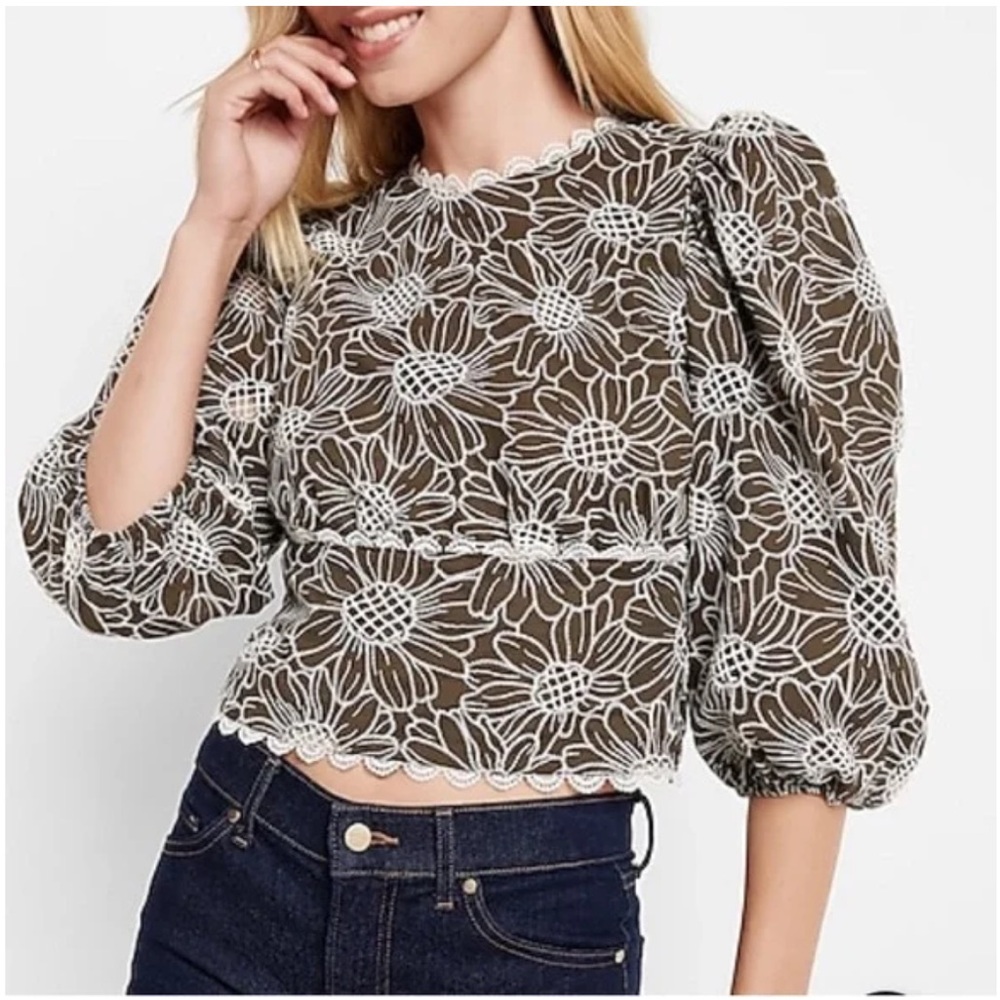 NEW! Express Embroidered Eyelet Cutout Cropped Blouse Olive Green/Brown Size L